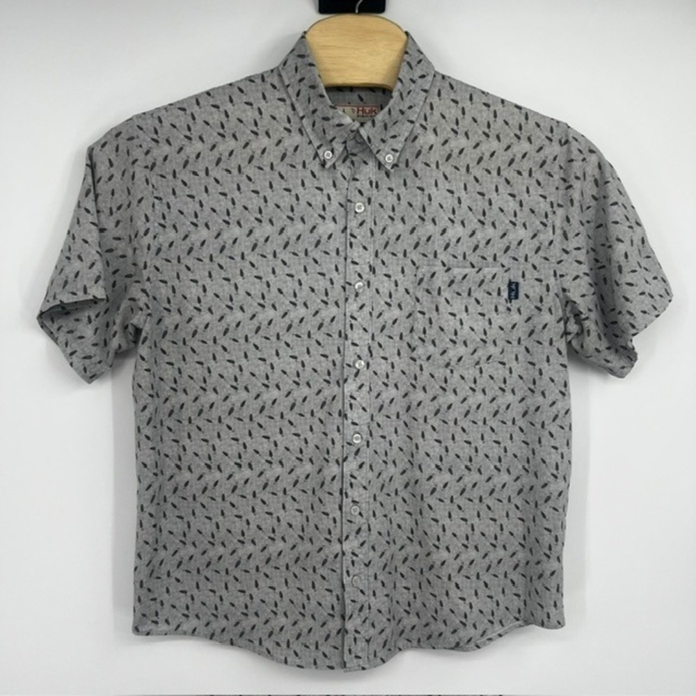 Huk Fishing Mens Large Grey  Lure Print Stretch Short Sleeve Button Down Shirt